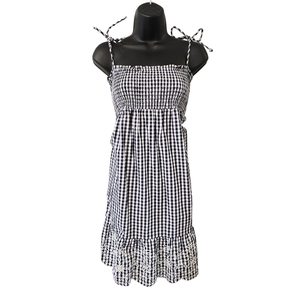 Tory Burch Navy White Gingham Smocked Eyelet‎ Hem Tie Strap Mini Dress